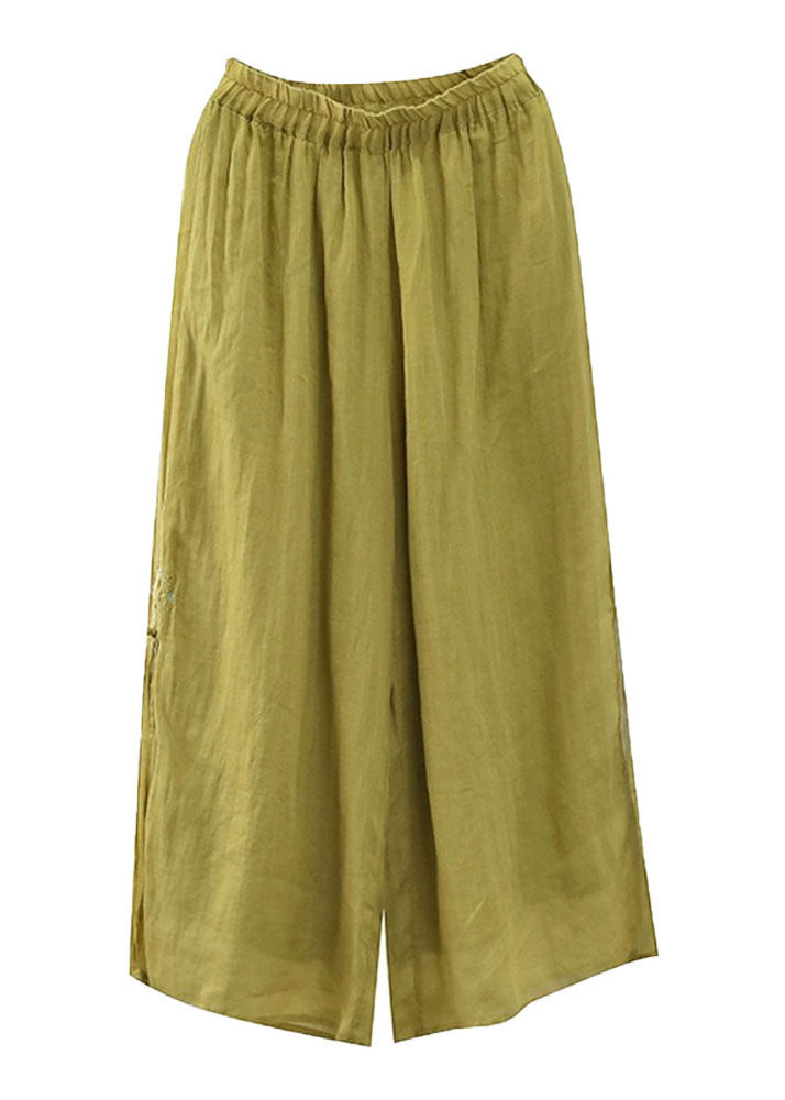 Plus Size Yellow Embroideried Patchwork Linen Wide Leg Pants Summer