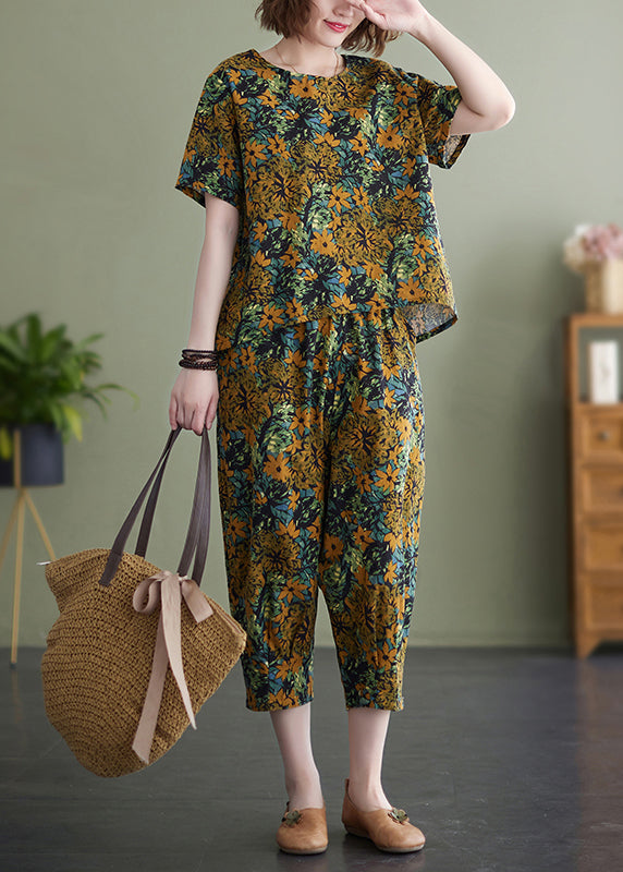 Plus Size Yellow Floral O-Neck Top Short Sleeve Elastic Waist Pants Two Pieces Set