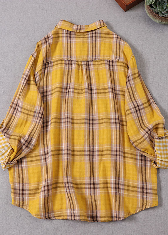 Plus Size Yellow Peter Pan Collar Plaid Cotton Shirt Top Spring