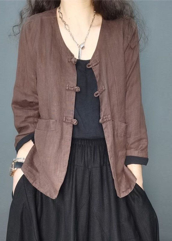 Plus Size Chocolate button pockets V Neck Linen coat Long Sleeve