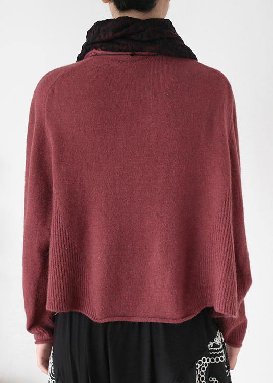 Pullover high neck red knit sweat tops trendy plus size Batwing Sleeve clothes