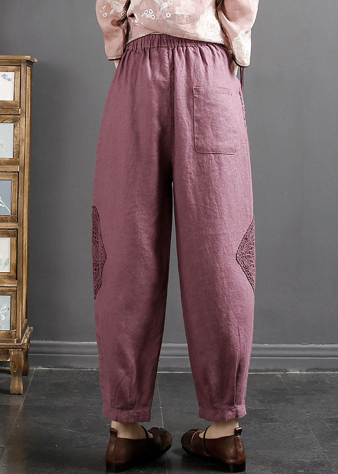 Purple Elastic Waist Pockets Patchwork Linen Harem Pants