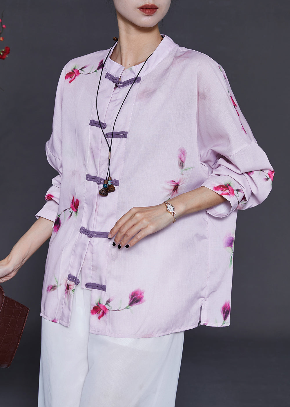 Purple Floral Linen Shirts Chinese Button Summer