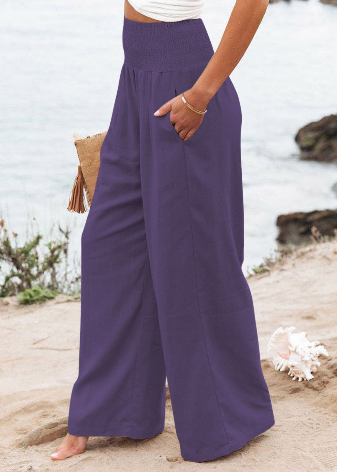 Purple High Waist Elastic Waist Linen Long Pants