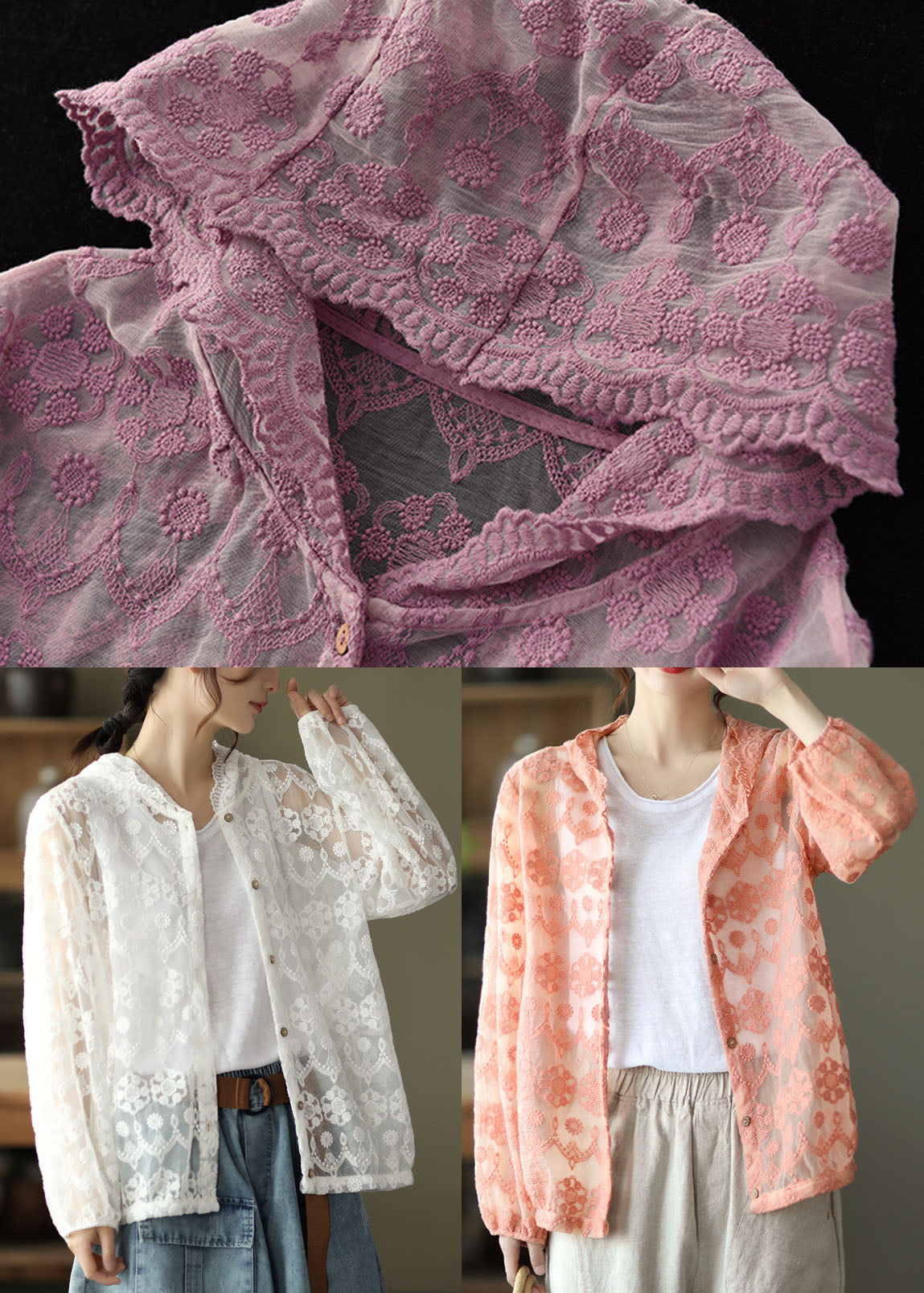 Purple Hollow Out Lace UPF 50+ Coat Cardigan Embroideried Long Sleeve