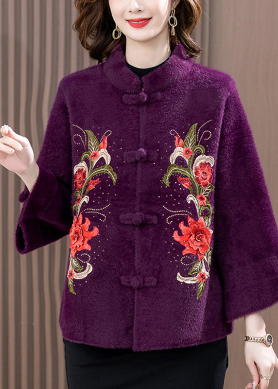 Purple Mink Velvet Woolen Coat Button Spring