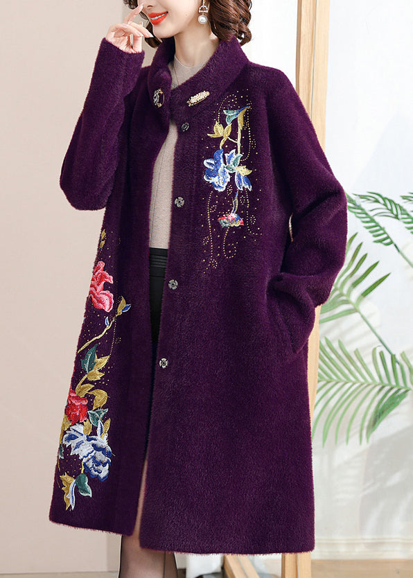 Purple Print Button Maxi Woolen Coats Spring