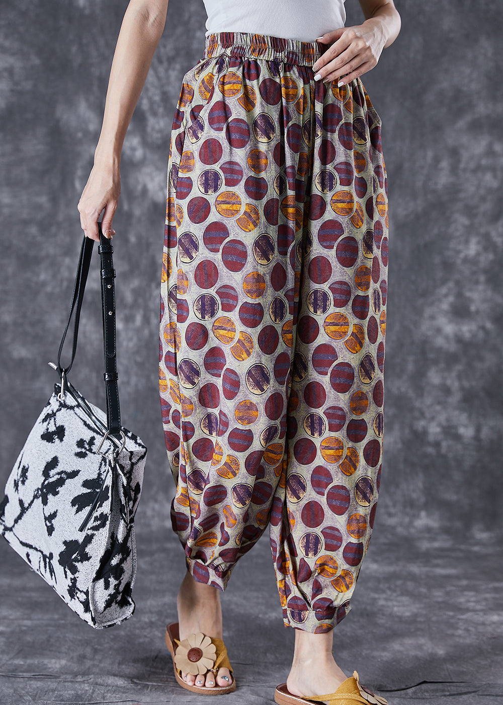 Purple Print Loose Linen Silk Harem Pants Elastic Waist Summer