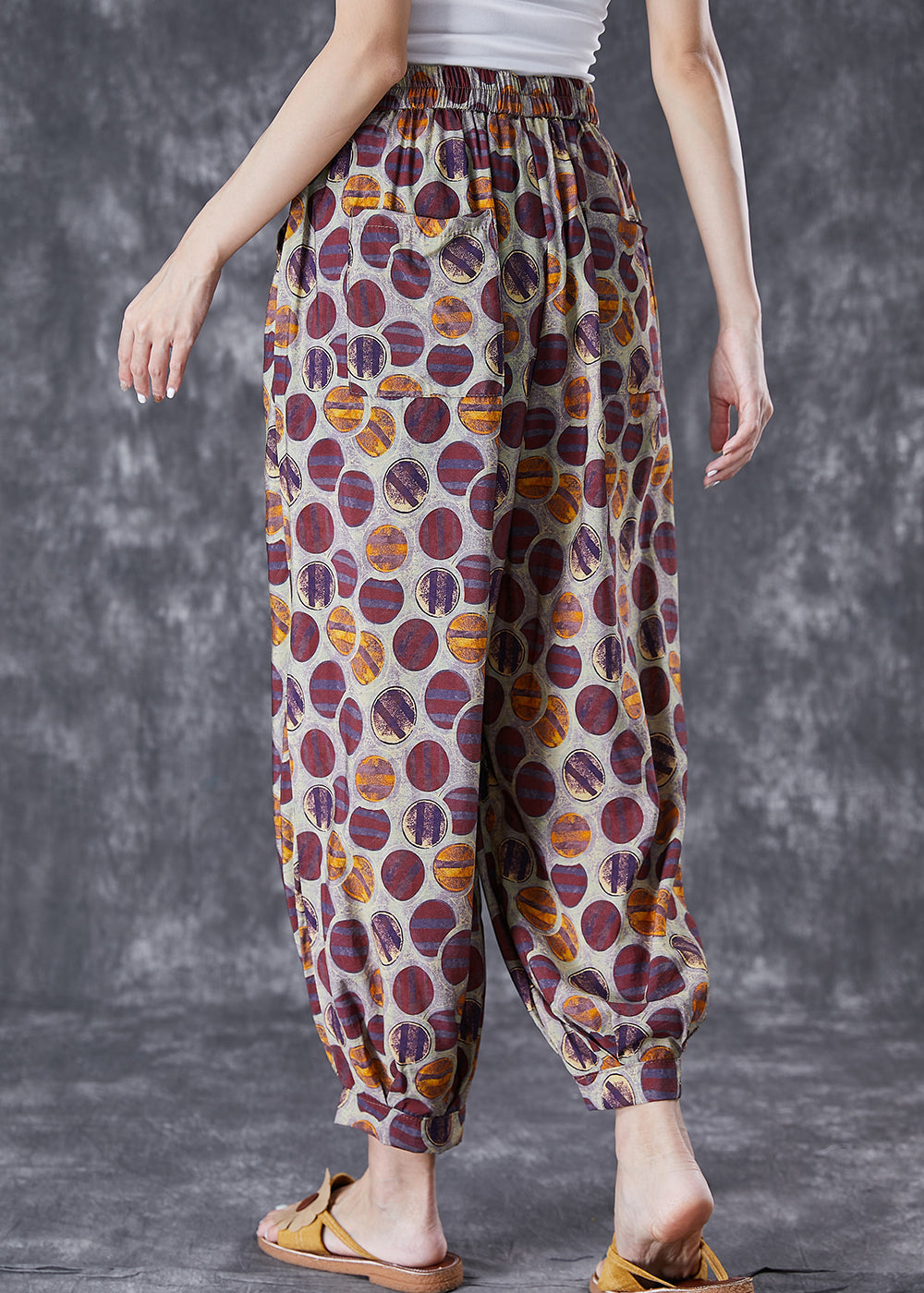 Purple Print Loose Linen Silk Harem Pants Elastic Waist Summer