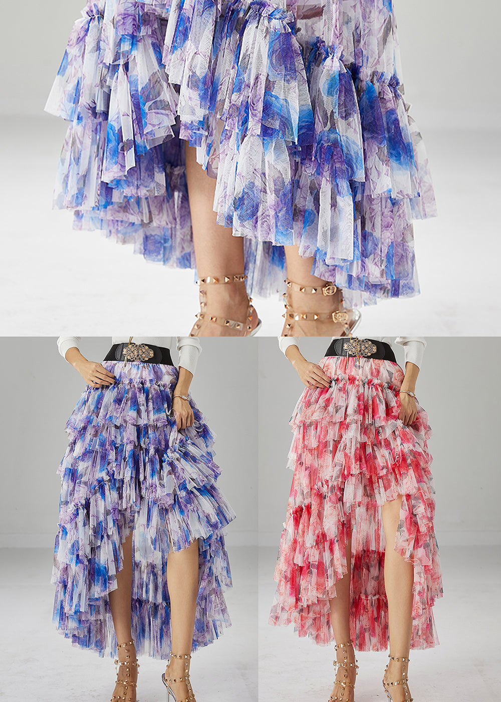 Purple Print Tulle Skirt Asymmetrical Exra Large Hem Fall