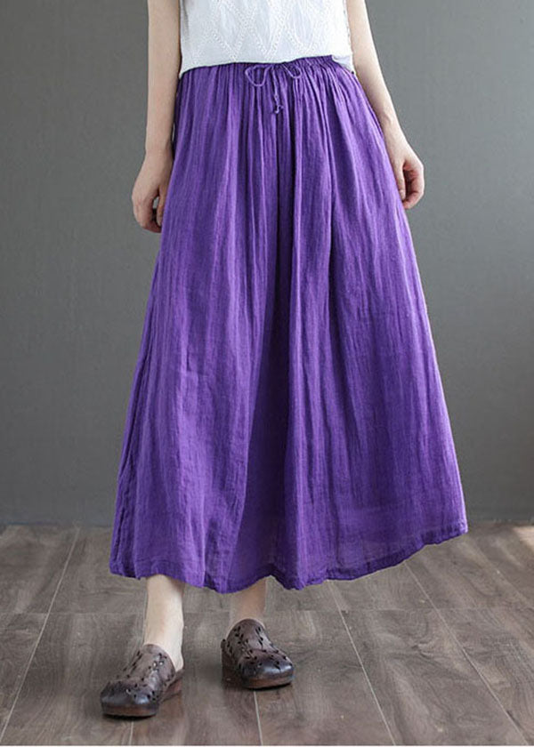 Purple Solid Double-deck Linen A Line Skirt Tie Waist Summer