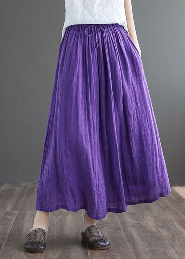 Purple Solid Double-deck Linen A Line Skirt Tie Waist Summer