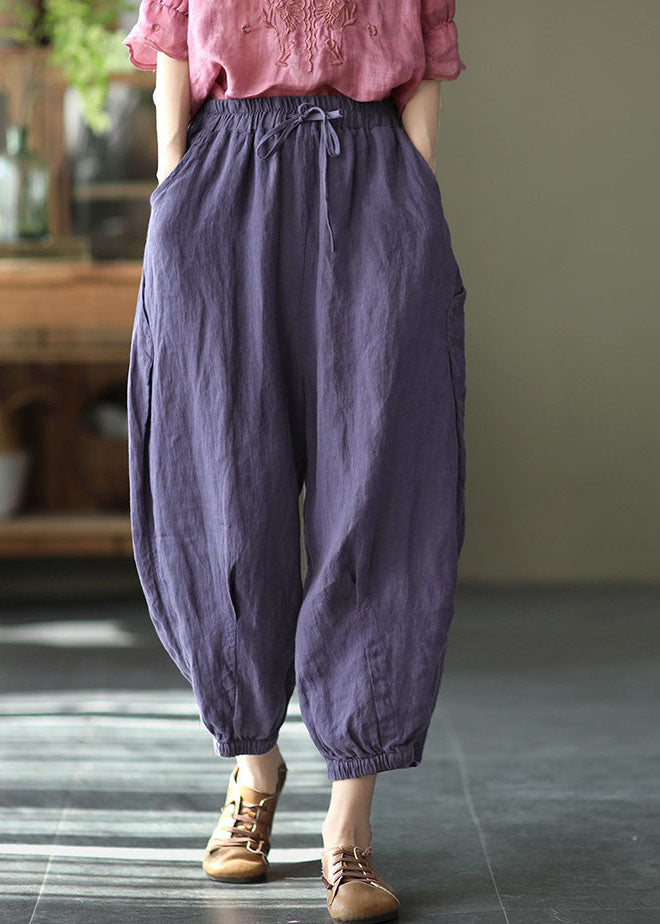 Purple Solid Linen Beam Pants Elastic Waist Wrinkled Summer