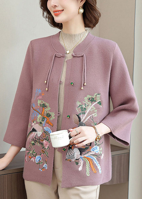 Purple Wool Knit Cardigan Embroidered Floral Long Sleeve