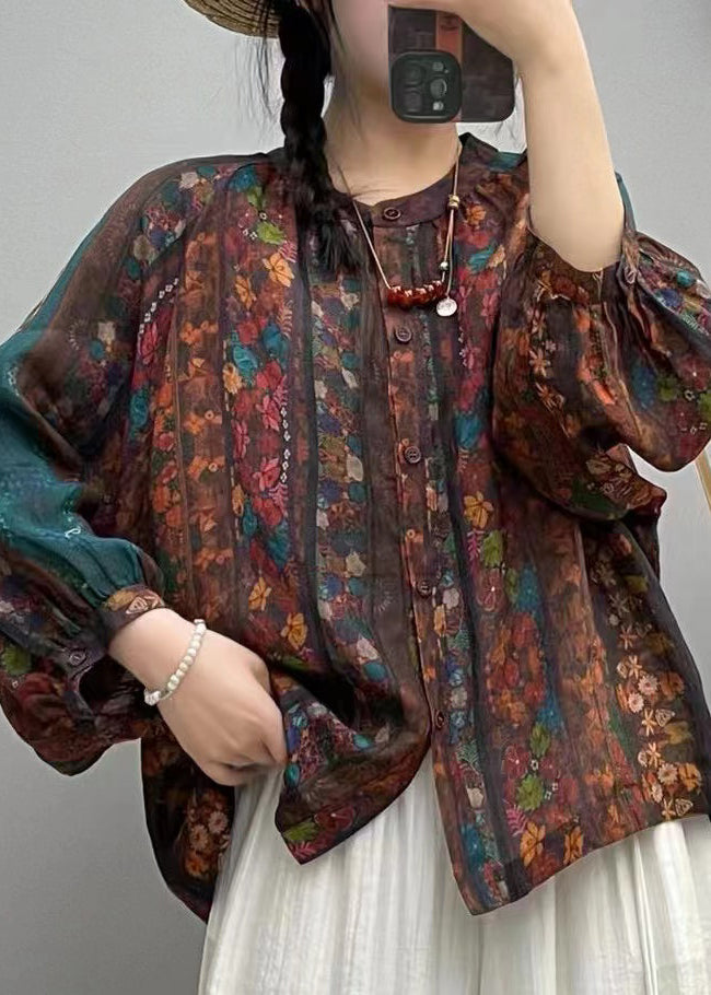 Rainbow Button Patchwork Linen Blouses O Neck Spring