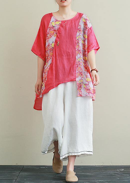 Ramie red printed short-sleeved suit large size cotton and linen wide-leg pants two-piece suit