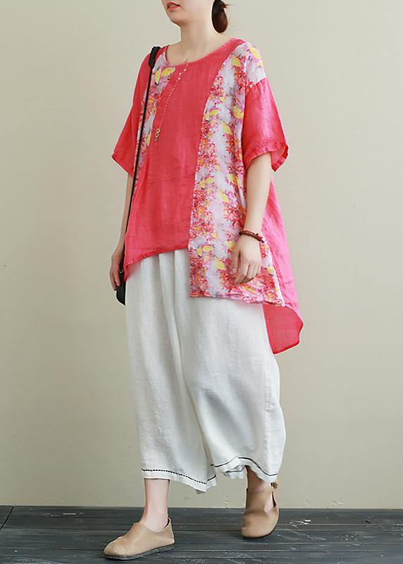 Ramie red printed short-sleeved suit large size cotton and linen wide-leg pants two-piece suit