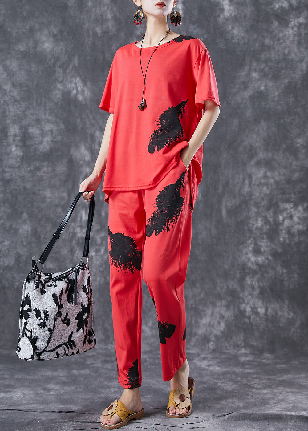 Red Cotton Two Pieces Set Oversized Feathers Print Summer