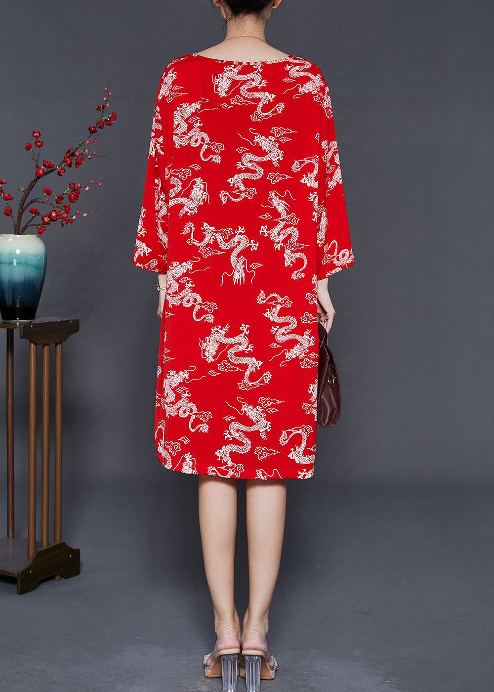 Red Dragon Print Cotton Dresses Chinese Button Summer