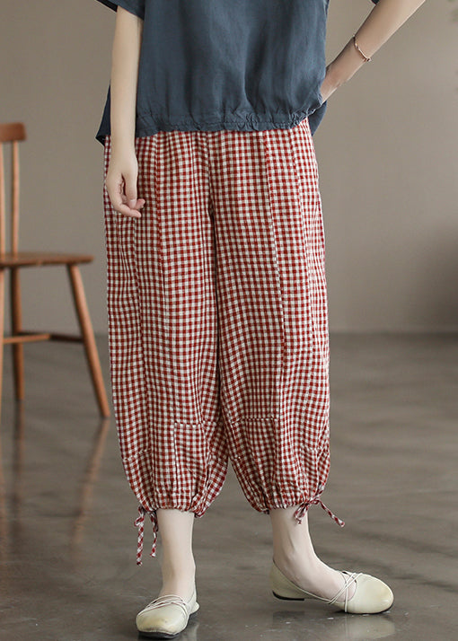 Red Lace Up High Waist Linen Thin Wide Leg Pants