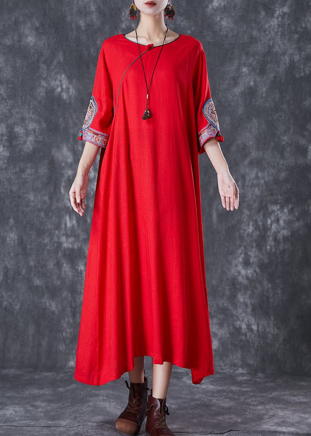 Red Linen Dresses Embroideried Exra Large Hem Half Sleeve