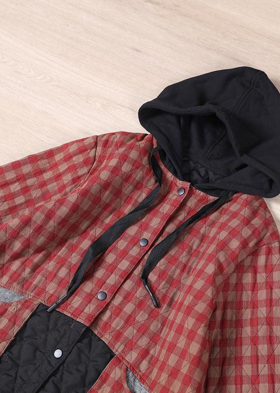 Red Plaid Patchwork Women Winter Parkas