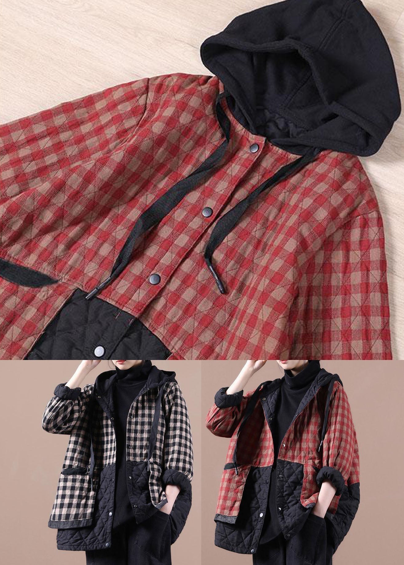 Red Plaid Patchwork Women Winter Parkas