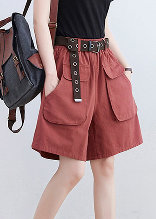 Red Pockets Elastic Waist Wide Leg Shorts