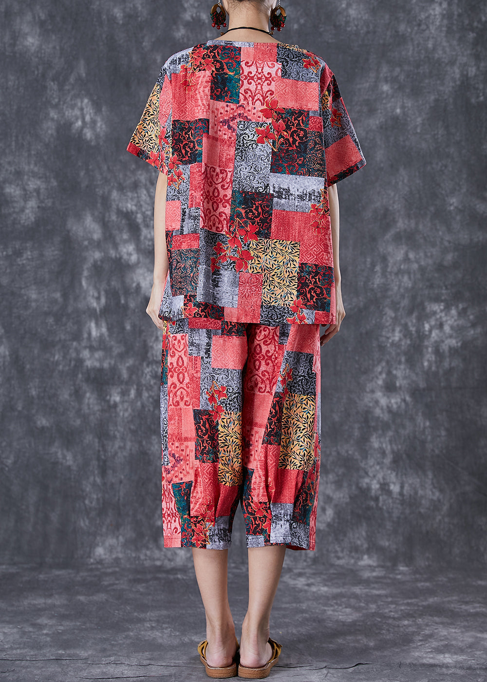 Red Print Linen Two Pieces Set Oversized Summer