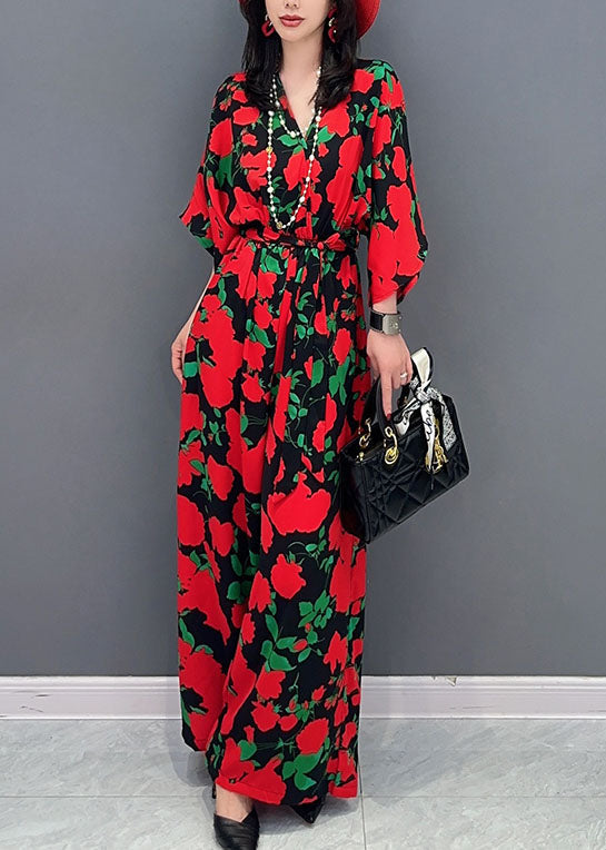 Red Print Patchwork Chiffon Jumpsuits V Neck Tie Waist Summer