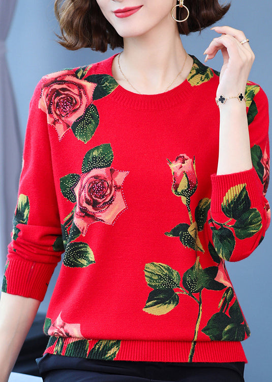 Red Print Woolen Knitted Tops O Neck Zircon Spring