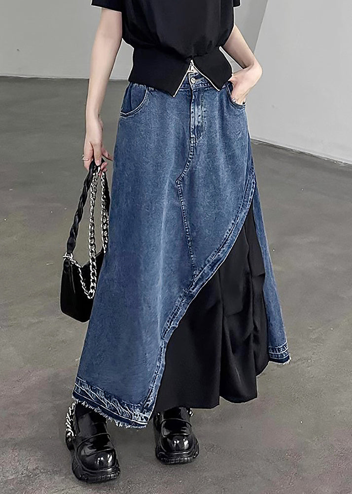 Retro Black Patchwork High Waist Pockets Denim Skirt Summer