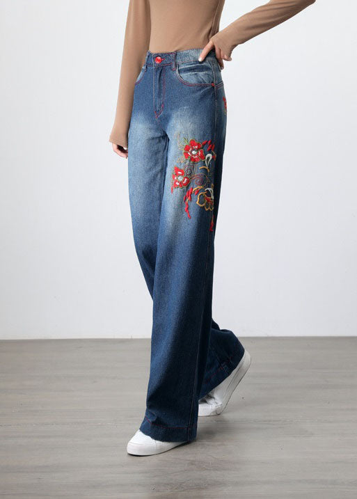 Retro Blue Embroideried Pockets Patchwork Denim Wide Leg Pants Spring