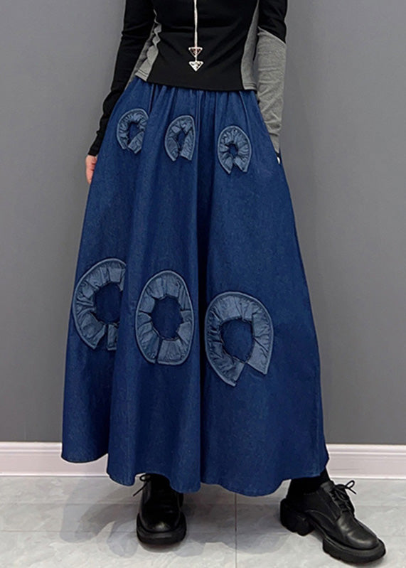 Retro Blue Print Elastic Waist Denim Skirts Spring