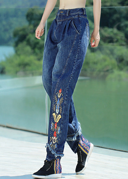 Retro Denim Blue Button Embroideried Floral Straight Pants Spring