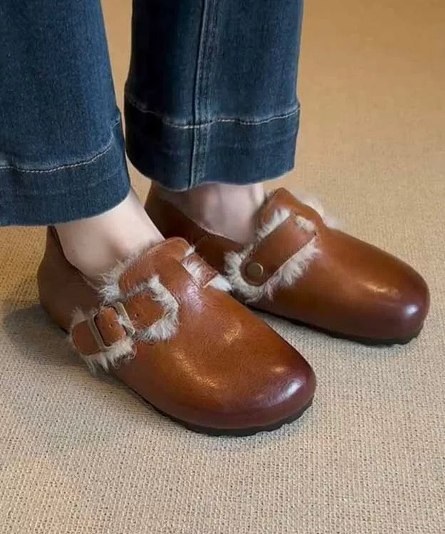 Retro Flat Shoes Caramel Sheepskin Fuzzy Wool Lined