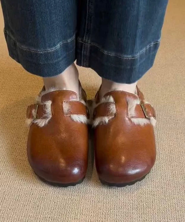 Retro Flat Shoes Caramel Sheepskin Fuzzy Wool Lined