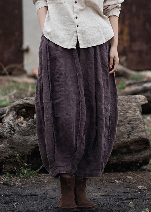 Retro Purple Pockets Elastic Waist Linen Crop Pants Summer