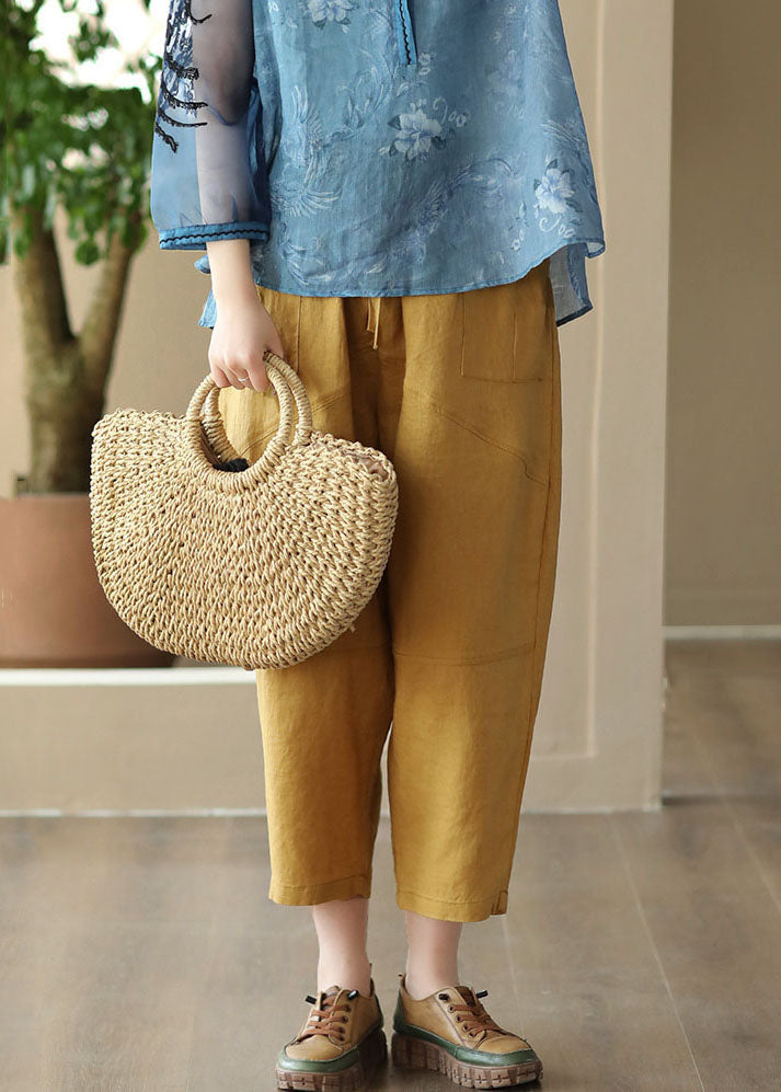 Retro Yellow Pockets Elastic Waist Patchwork Linen Crop Pants Summer