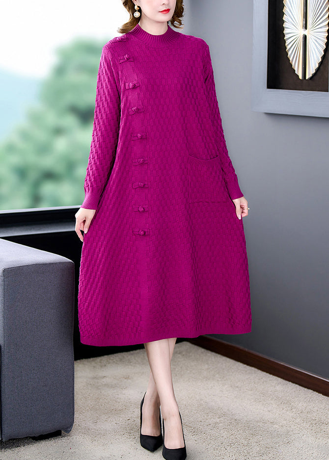 Rose Button Woolen Knitted Winter Dress O-Neck