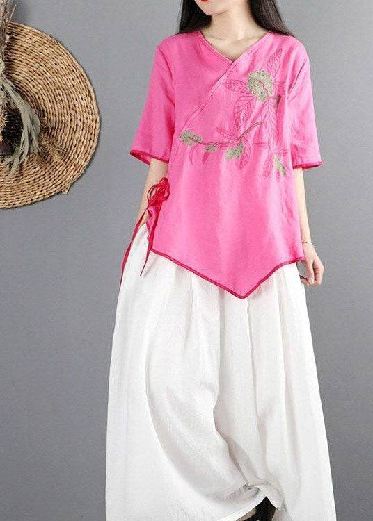 Rose Cotton Shirt Top V Neck Embroideried Half Sleeve