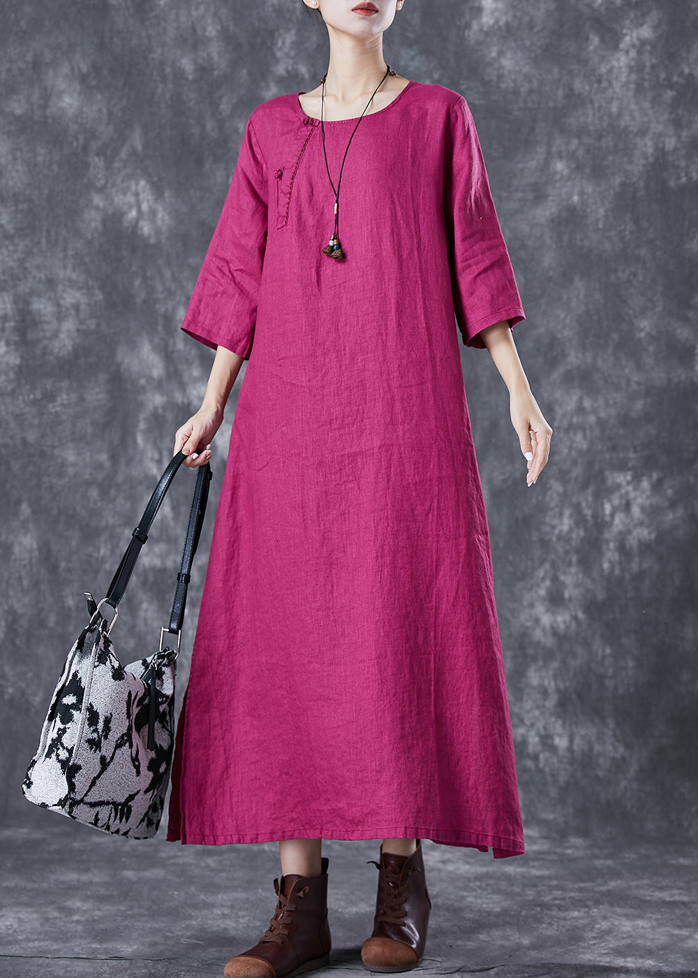 Rose Oversized Linen Holiday Dress Chinese Button Side Open Half Sleeve