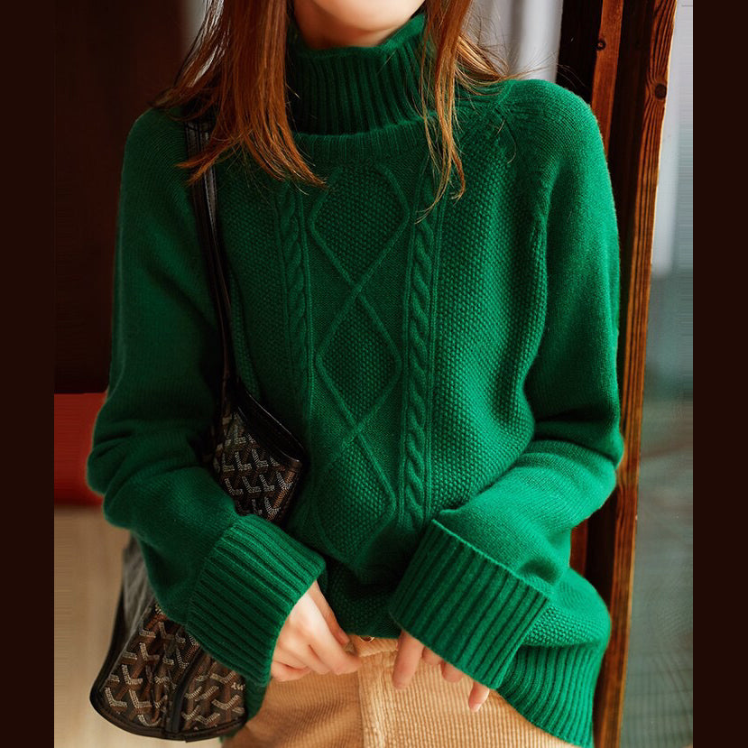 Vintage Green Clothes High Neck Spring Knitted Blouse