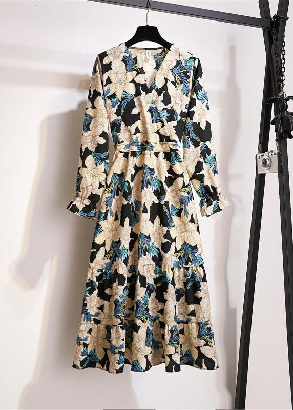 Natural Print Chiffon Clothes For Women V Neck Wrinkled Art Dresses