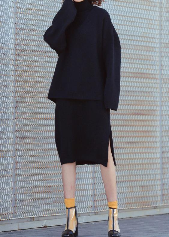 Set female 2025 large size turtleneck sweater suit skirt black two-piece long paragraph over the knee