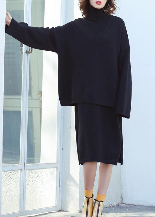 Set female 2025 large size turtleneck sweater suit skirt black two-piece long paragraph over the knee