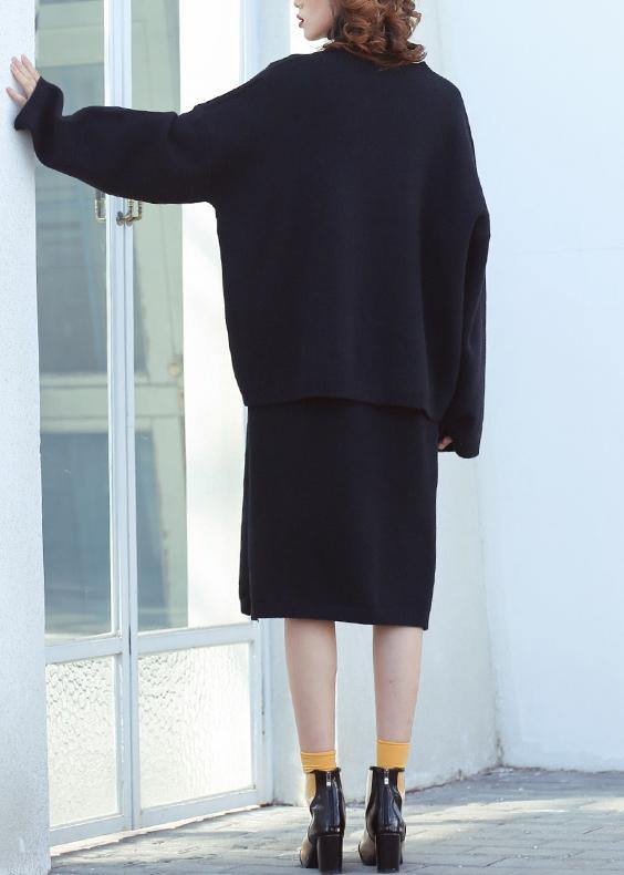 Set female 2025 large size turtleneck sweater suit skirt black two-piece long paragraph over the knee