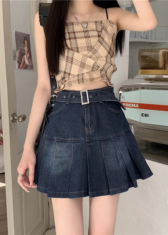 Sexy Black Grey High Waist Sashes Pockets Patchwork Cotton Denim Pleated Skirts Summer