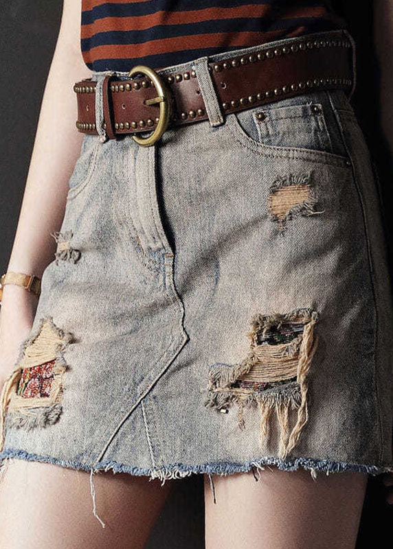 Sexy Grey High Waist Tassel Pockets Cotton Denim Ripped Skirts Summer