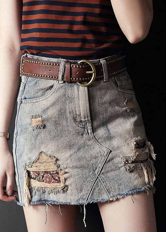 Sexy Grey High Waist Tassel Pockets Cotton Denim Ripped Skirts Summer